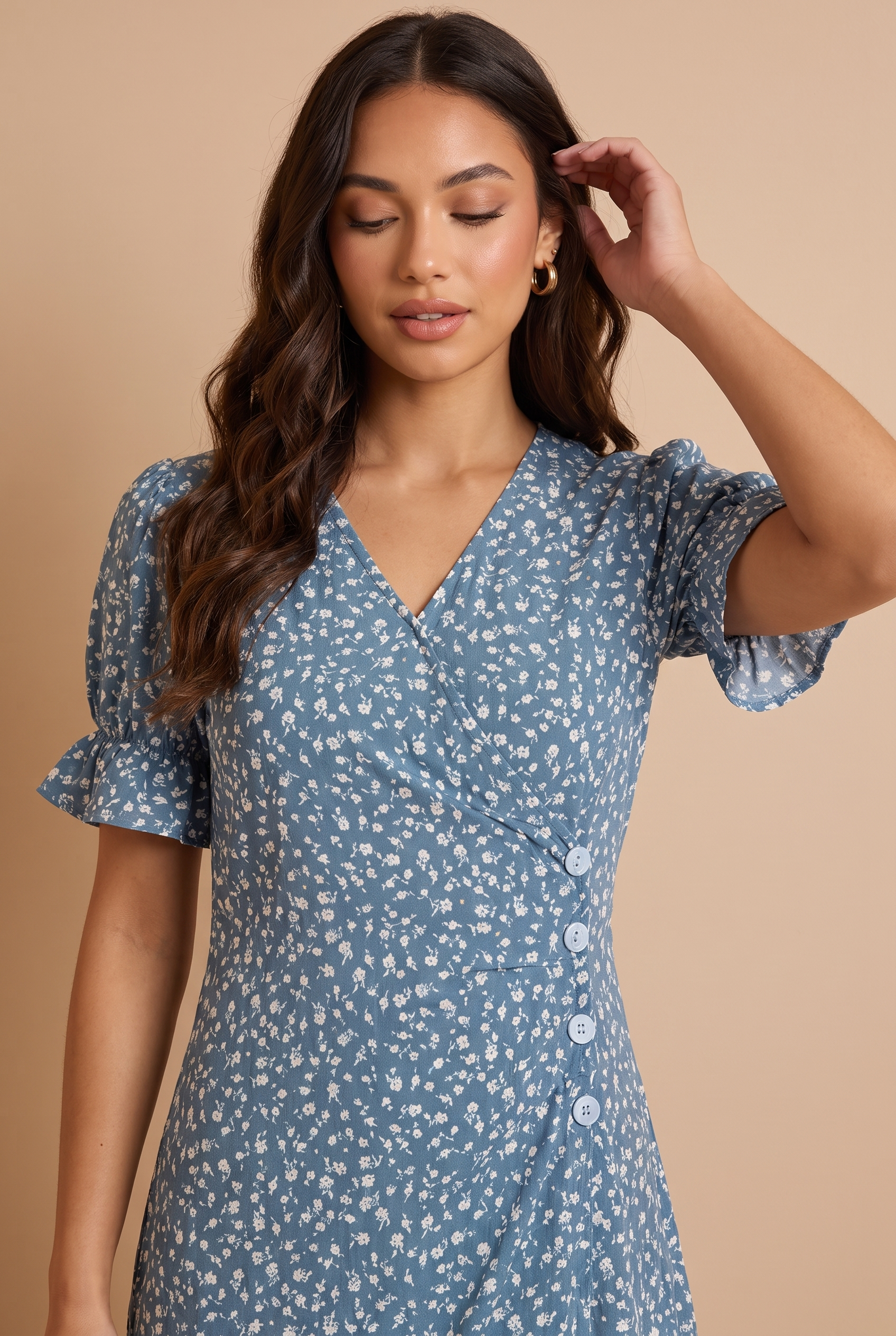Blue — Éloïse V-Neck Floral Midi Dress (pose 2)