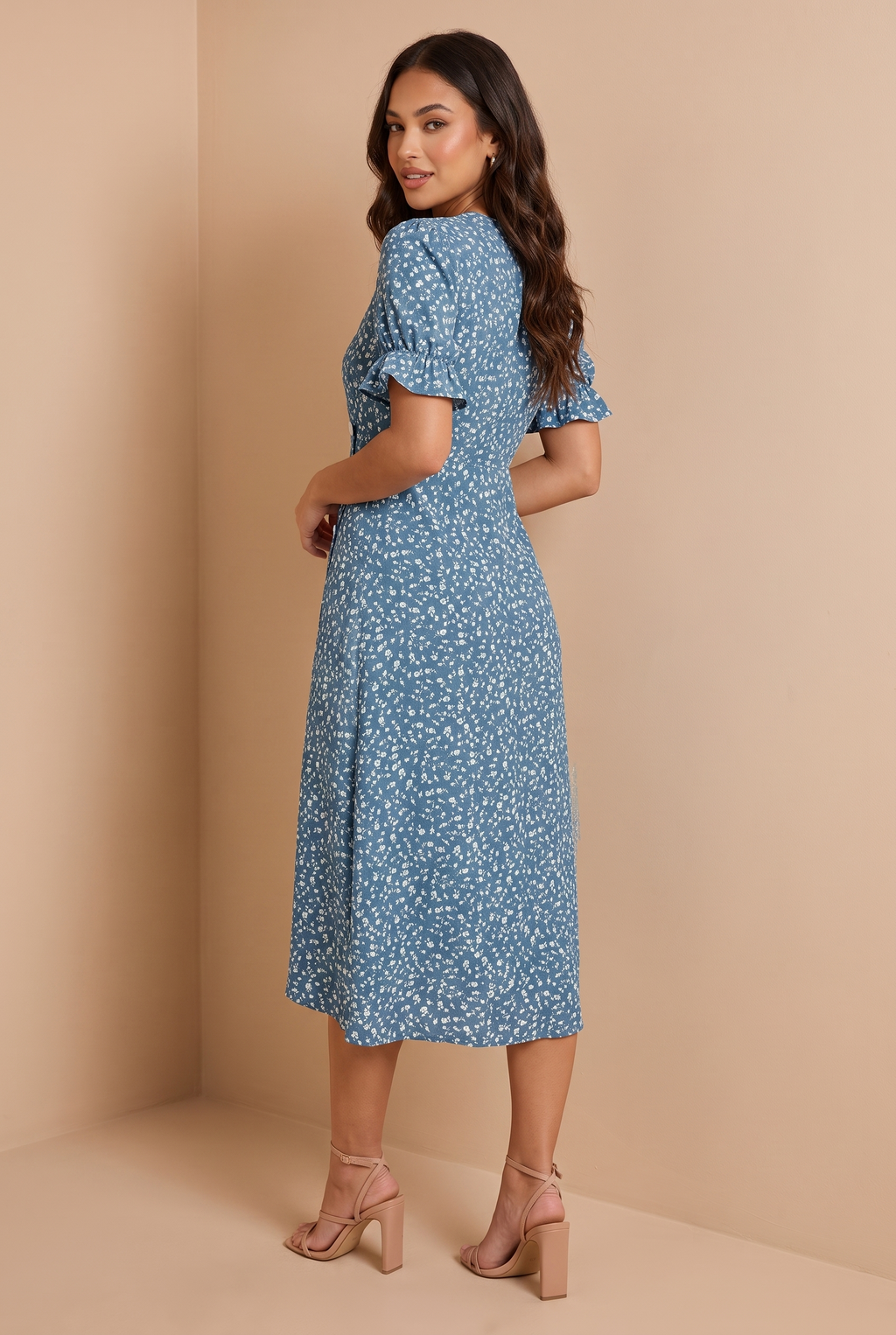 Blue — Éloïse V-Neck Floral Midi Dress (back)